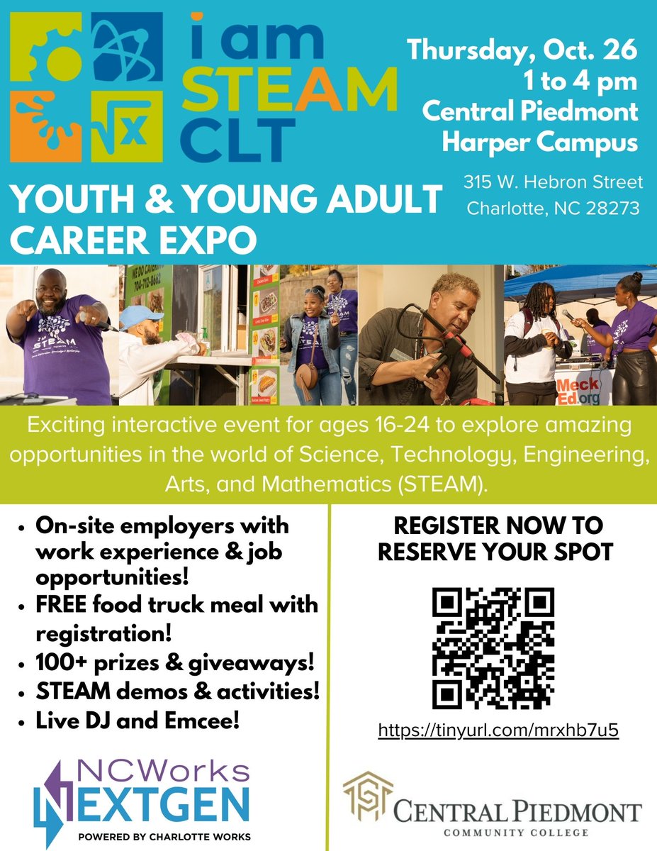 CharlotteWorks's tweet photo. It's time for the annual #IamSteamCLT event! We'll be at @cpcc on 10/26, bring your youth and young adults to explore the many career pathways in the world of STEAM! It's always a fun time!
Register here: https://t.co/9CYiZPB7kv https://t.co/3PvZSD3PYP