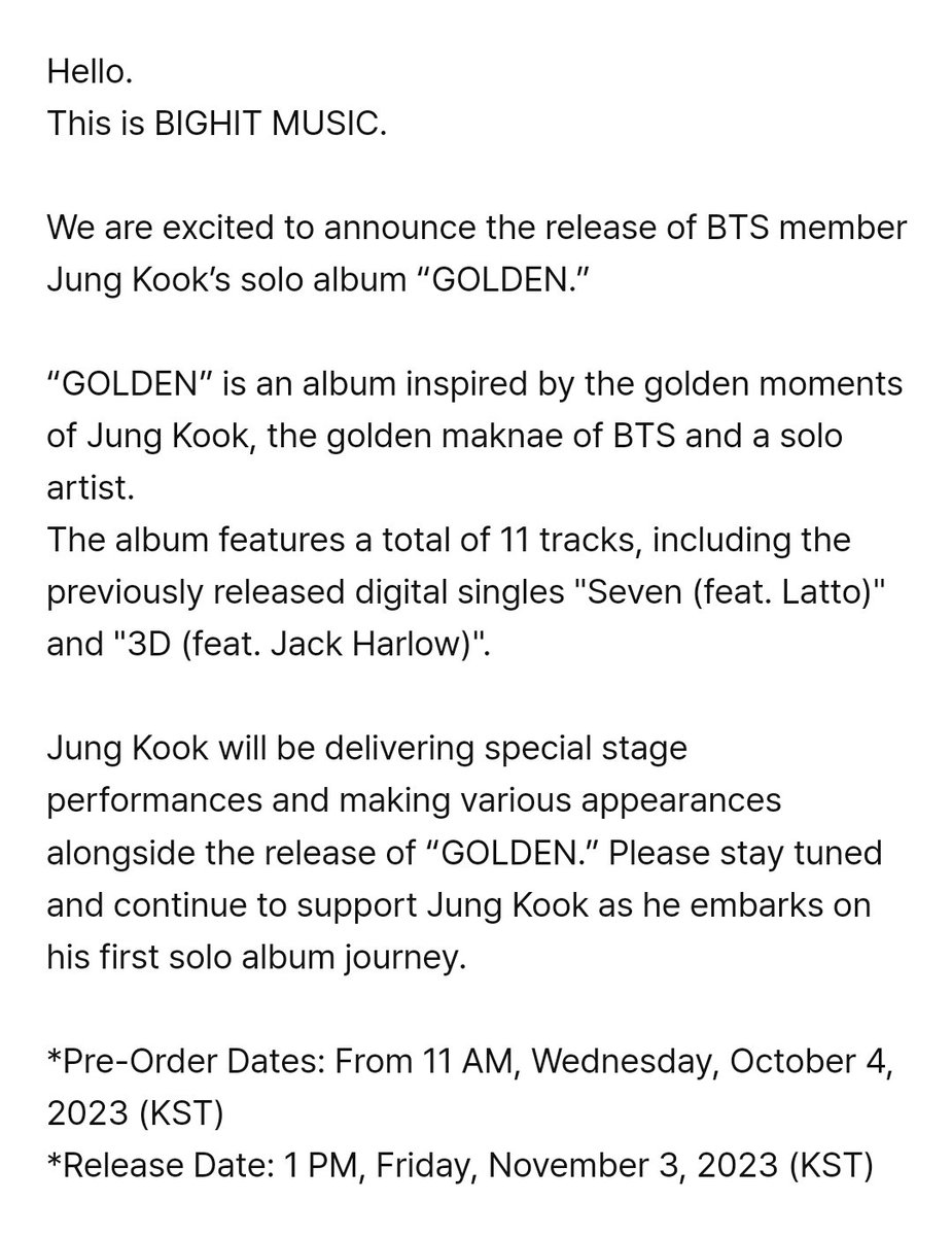 ARMYMAGofficial's tweet photo. Golden is on its way. 🍾

Jungkook is Golden. 🎉

Friday 3rd Nov  2023 12 am est 🤪

Eleven Tracks!!!!!! 🔥

Pre-Order Starts Wednesday 4th Oct  💵

ARMY ARE YOU READY!!!! 💜 https://t.co/v6DwrbzfVZ