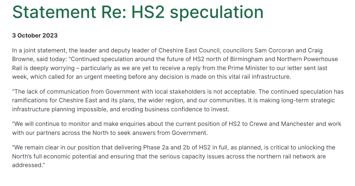 CheshireEast's tweet photo. In a joint statement today, our leader and deputy leader have responded to the continued speculation around the future of HS2 north of Birmingham &amp; Northern Powerhouse Rail: https://t.co/3IJYHFeZF6 https://t.co/cqK2M2vNpF