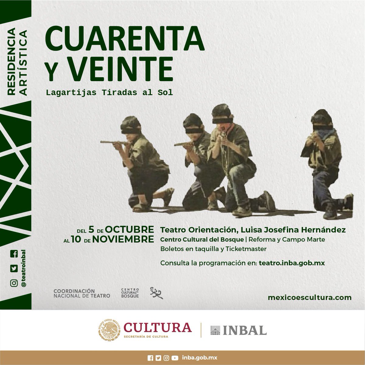 teatroinbal's tweet photo. La compañía Lagartijas Tiradas Al Sol  presenta 4 piezas en el marco de su residencia artística en el @CCB_INBAL 
Maleza: 5 al 13 de oct.
Lázaro: 19 al 27 de oct.
Veracruz, nos estamos deforestando o cómo extrañar Xalapa: 3 de nov.
Tiburón: 9 y 10 de nov.
Jueves y viernes 20:00 h https://t.co/GvRjLnokZD