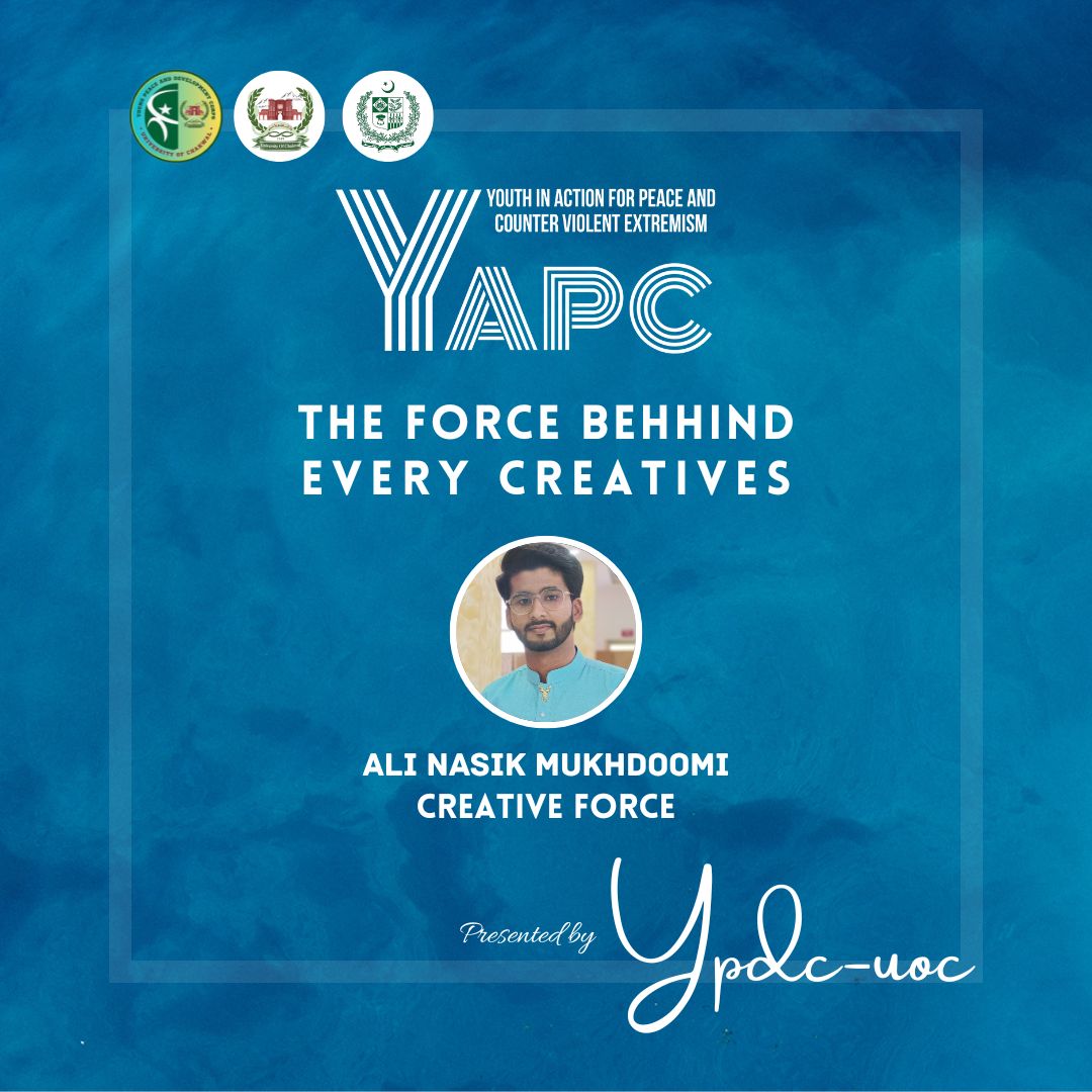 YpdcUoc's tweet photo. ypdc_uoc Presenting to you the true intellectual of the future. The one who adds colors to  ideas, silent seller of our message. The person enhancing the impact of our words through his designs. Ypdc-uoc is proud to present its graphics lead for YAPC Mr. Ali Nasik Mukhdoomi.💯 https://t.co/rMI0XXTK5Q