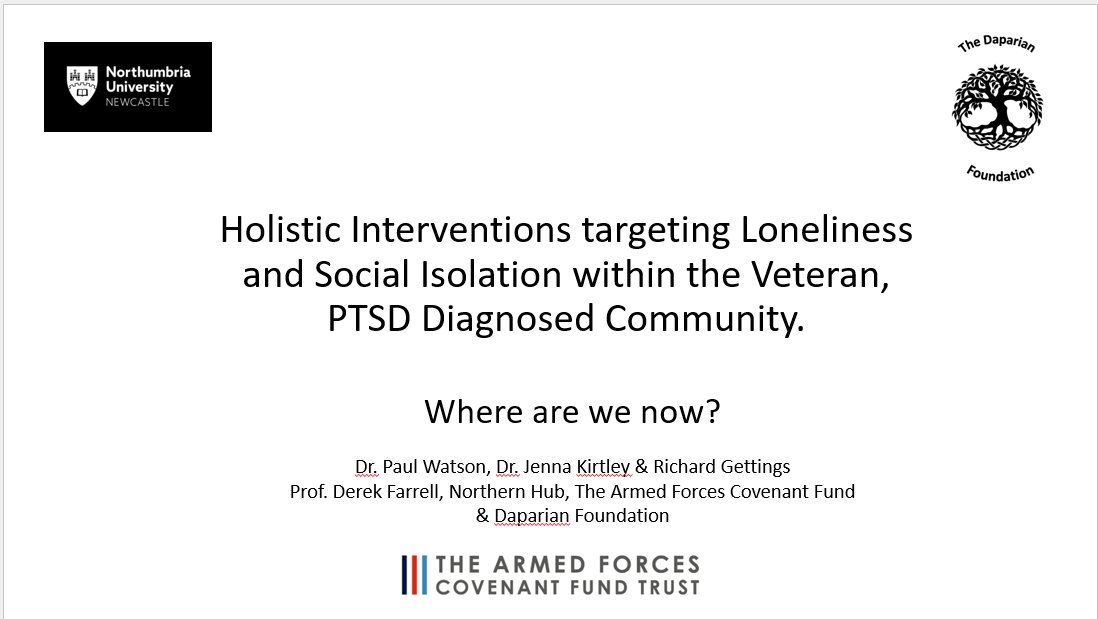 Northern Hub for Military Research (@northern_hub) on Twitter photo Last week <a href="/Dr_PaulWatson/">Dr Paul Watson PhD, RNMH, SCPHN (SN)</a> from the @NorthernHub provided an update of the findings, where we are at and what next to the participants from the <a href="/daparian/">Daparian Foundation Trauma Fellowship & Society</a>. This project was to develop an intervention to reduce #socialisolation of #veterans with #PTSD funded by the <a href="/CovenantTrust/">Armed Forces Covenant Fund Trust</a> Last week <a href="/Dr_PaulWatson/">Dr Paul Watson PhD, RNMH, SCPHN (SN)</a> from the @NorthernHub provided an update of the findings, where we are at and what next to the participants from the <a href="/daparian/">Daparian Foundation Trauma Fellowship & Society</a>. This project was to develop an intervention to reduce #socialisolation of #veterans with #PTSD funded by the <a href="/CovenantTrust/">Armed Forces Covenant Fund Trust</a>