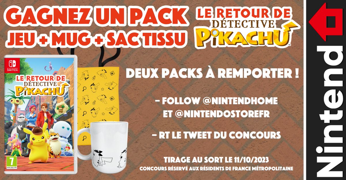 NintendHOME's tweet image. 🎁 Concours – Remportez un pack #LeRetourDeDetectivePikachu du My Nintendo Store avec le jeu, un mug et un sac en tissu ! Deux gagnants seront tirés au sort.
 
Pour participer :
▶️ Follow @NintendHOME &amp;amp; @NintendoStoreFR
🔄 RT ce tweet
Tirage au sort le 11/10