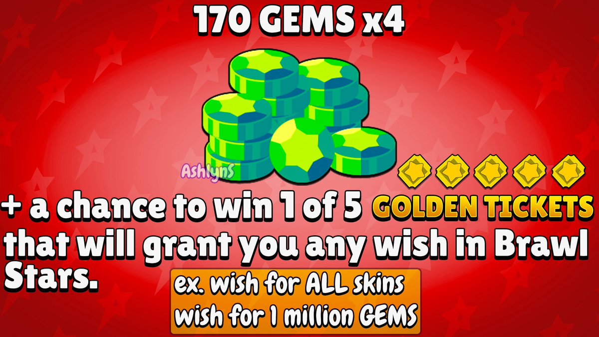 Giving away 4x 170 GEMS + the chance to win a GOLDEN TICKET that can grant you ANY* wish in Brawl Stars!! ⭐️

To enter just follow me and like this tweet. Winners will be picked Oct 17. GOOD LUCK!✨

#ShootingStarrDrops