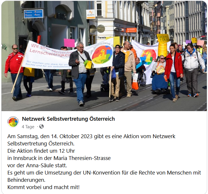 15 Jahre "Übergangszeit" sind genug!
Wir fordern die vollständige UMSETZUNG DER UN-BEHINDERTENRECHTSKONVENTION - und das JETZT!
Selbstbestimmt Leben lädt zu einer Kundgebung bei der Annasäule ein. Sonntag, 14. Oktober, 12.00 Uhr

Info: facebook.com/events/9831648…

#Inklusion #ibktwit