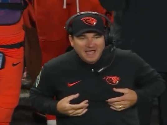 barstoolsports's tweet photo. Oregon State's Head Coach Had To Apologize For Pretending To Milk His Nipples On The Sideline Against Utah https://t.co/upsyXrS5U1 https://t.co/awpr3P4HBq