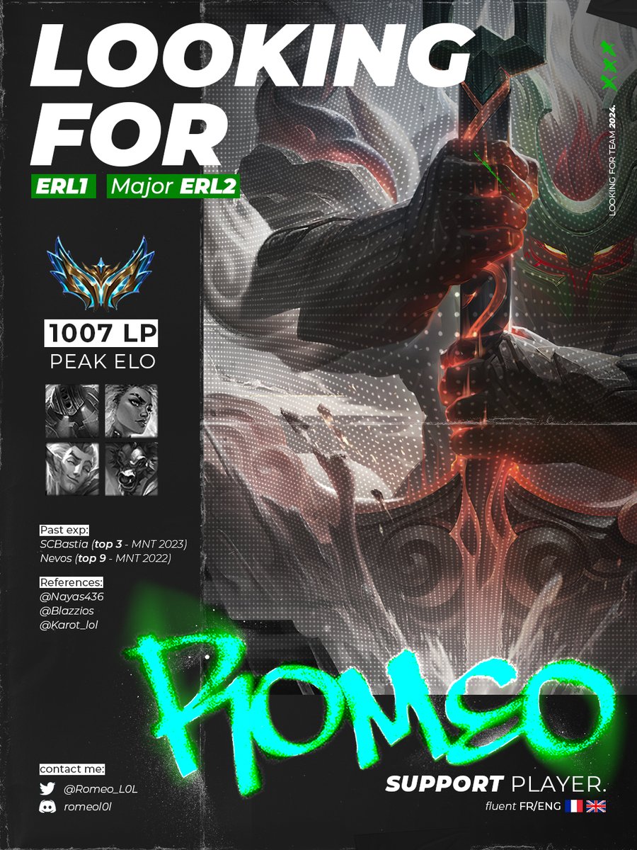 Hey guys

After a somewhat successful year with <a href="/SCBastiaEsports/">SC Bastia Esports</a>, I'm now allowed to explore new options for next year. Mainly looking for Major ERL2/ERL1.  

VODs available upon requests, please contact me on twitter or discord.

Retweets and likes appreciated !