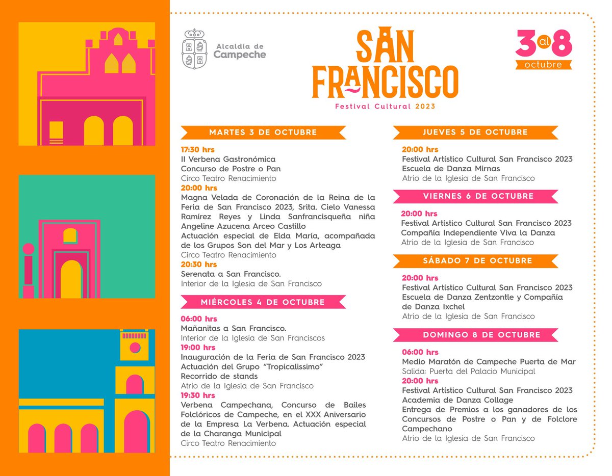 𝗙𝗲𝗿𝗶𝗮 𝗱𝗲 𝗦𝗮𝗻 𝗙𝗿𝗮𝗻𝗰𝗶𝘀𝗰𝗼 𝟮𝟬𝟮𝟯 🎡 

Consulta la 𝗖𝗮𝗿𝘁𝗲𝗹𝗲𝗿𝗮 𝘀𝗲𝗺𝗮𝗻𝗮𝗹 con actividades para toda la familia 👇🏼

Campeche #CapitalAmable 🧡