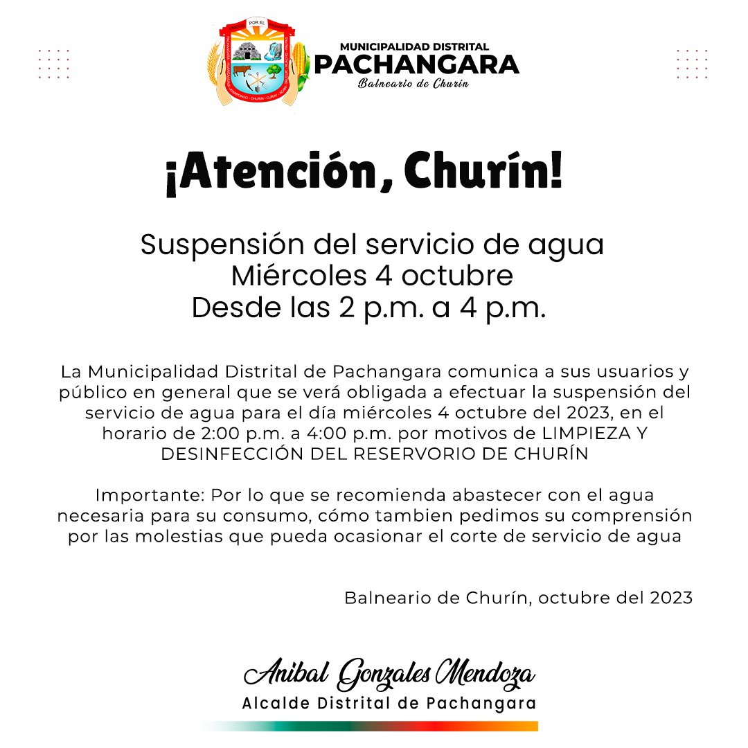 muni_churin's tweet photo. #ATENCIÓN
𝐂𝐎𝐌𝐔𝐍𝐈𝐂𝐀𝐃𝐎: 𝐒𝐔𝐒𝐏𝐄𝐍𝐒𝐈𝐎́𝐍 𝐃𝐄𝐋 𝐂𝐎𝐑𝐓𝐄 𝐃𝐄 𝐀𝐆𝐔𝐀 𝐏𝐎𝐑 𝐋𝐈𝐌𝐏𝐈𝐄𝐙𝐀 𝐘 𝐃𝐄𝐒𝐈𝐍𝐅𝐄𝐂𝐂𝐈𝐎́𝐍 𝐃𝐄𝐋 𝐑𝐄𝐒𝐄𝐑𝐕𝐎𝐑𝐈𝐎 https://t.co/Cs7pv9X5ZB