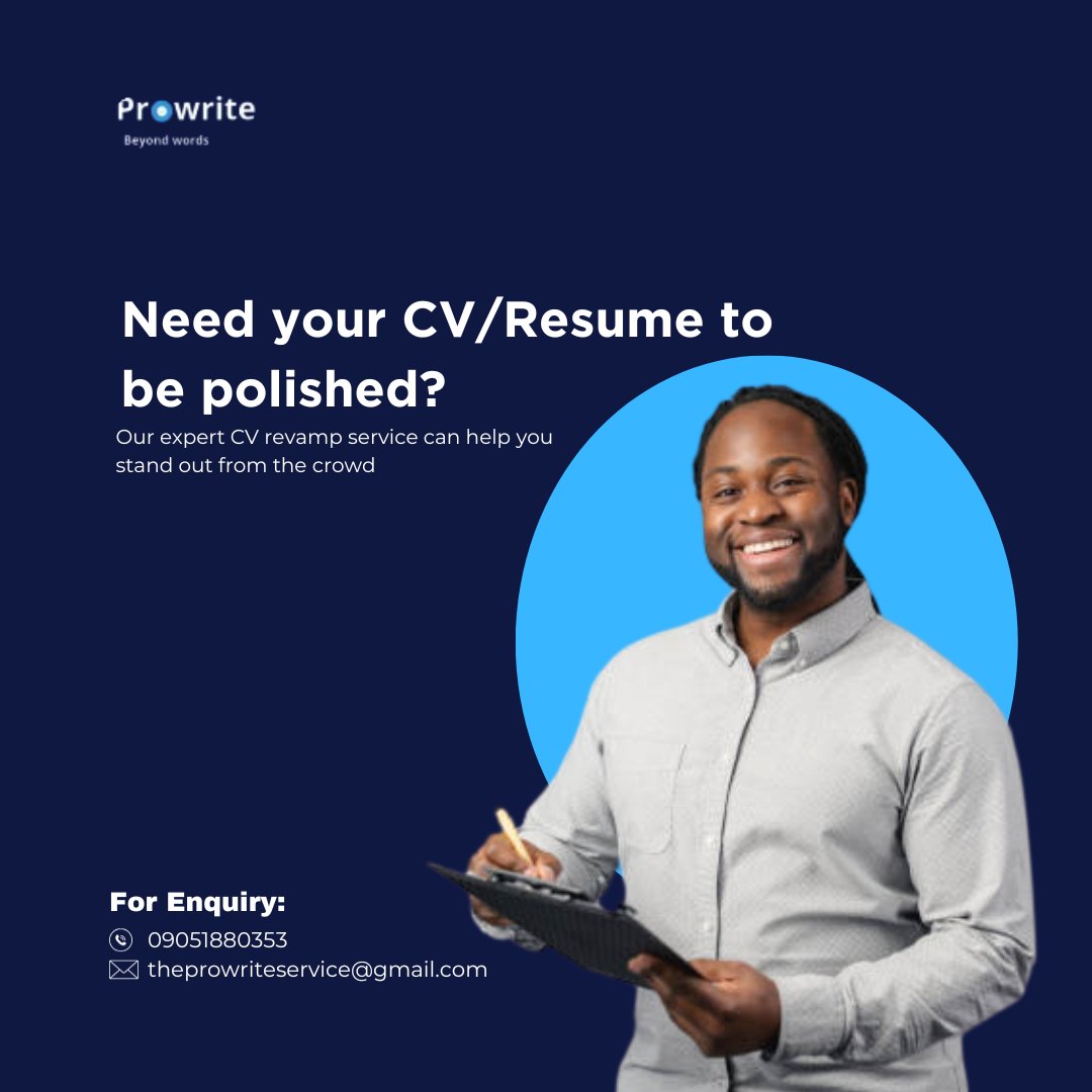 It is not sufficient to say you have the skills required for a job position without a great CV and cover letter to back it up. At ProWrite we let you say less while your CV and Cover letter do the talking.

#wewrite
#cvrevamp
#cvreview
#prowrite