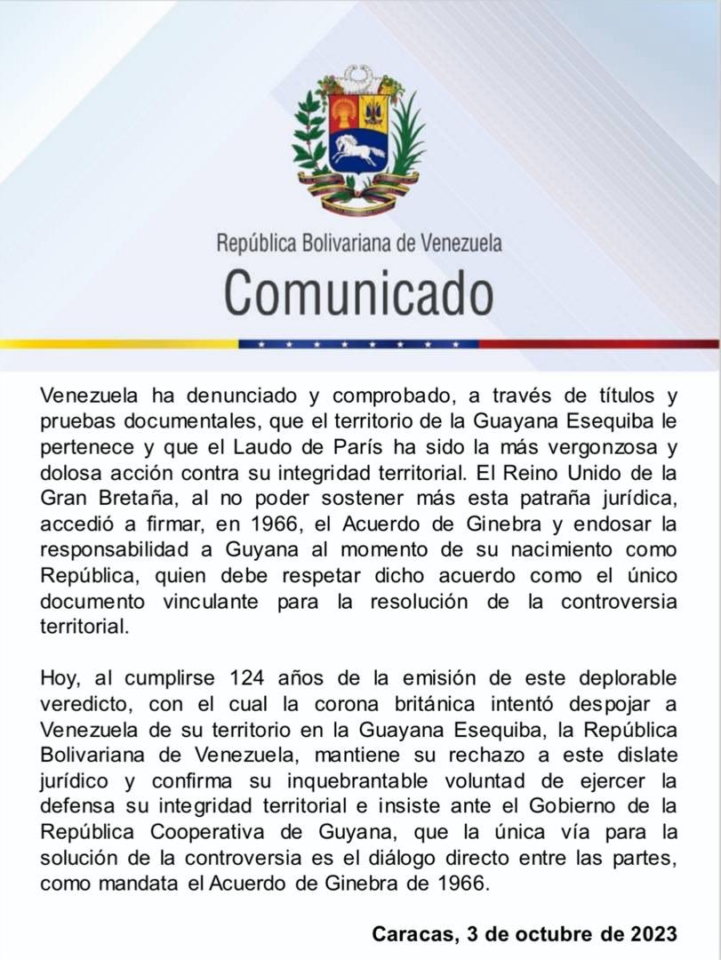 El Laudo Arbitral de Paris de 1899 se fraguó a espaldas de Venezuela. Hoy, al cumplirse 124 años de este nulo e irrito veredicto, mantenemos la inquebrantable voluntad de ejercer la defensa de nuestra integridad territorial. ¡El Sol de Venezuela nace en el Esequibo!