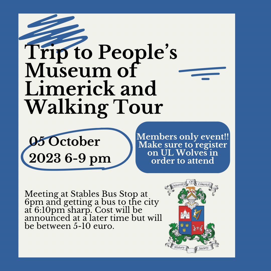 UL History Society (@ulhistorysoc) on Twitter photo 🚨EVENT ALERT🚨
We will be going to to the People’s Museum of Limerick this Thursday night. The tour starts at 7pm but we will be meeting at 6pm at stables bus stop in <a href="/UL/">University Of Limerick</a>.
Make sure to register on UL Wolves in order to attend. Hope to see you all there 😊
#ulhistorysoc 🚨EVENT ALERT🚨
We will be going to to the People’s Museum of Limerick this Thursday night. The tour starts at 7pm but we will be meeting at 6pm at stables bus stop in <a href="/UL/">University Of Limerick</a>.
Make sure to register on UL Wolves in order to attend. Hope to see you all there 😊
#ulhistorysoc