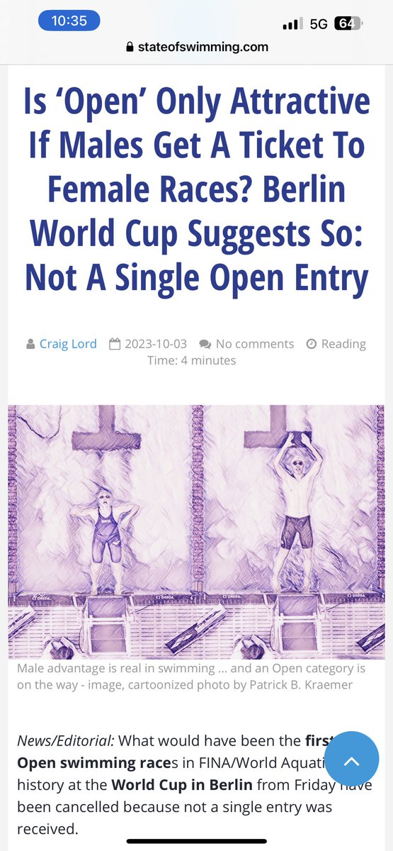 World Aquatics &amp; FINA created an Open Category for swimming at the World Cup to accommodate both fairness and inclusion. 

There wasn't a single entry. 

Very revealing as to what the real motivation is. Can't cheat, won't compete. 🥴