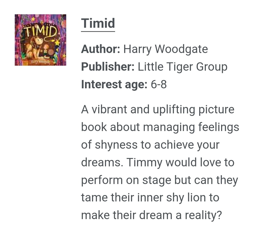 Timid by @harryewoodgate features in the @Booktrust's #GreatBooksGuide 2023! 🦁

#childrensbooks #Timid