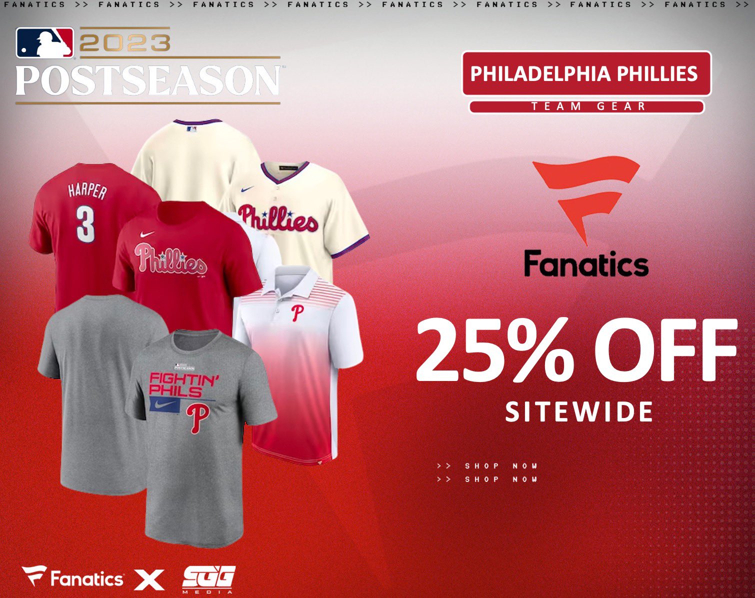 SGG Promos on X: MLB POSTSEASON SPECIAL, @Fanatics, 25% OFF PHILADELPHIA PHILLIES  GEAR🏆 PHILLIES FANS‼️ Gear up for MLB POSTSEASON with Fanatics latest  offer and get up to 25% OFF using THIS