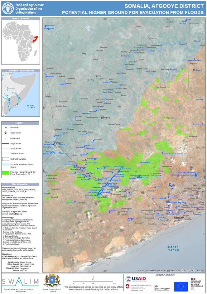 🆕@FAOSWALIM Anticipatory action map products: 'Potential higher ground for evacuation from floods', Maps of locations for communities living along Shabelle river to relocate to in case of #ElNino floods. 📍Afgoye: bit.ly/46DHZ0h