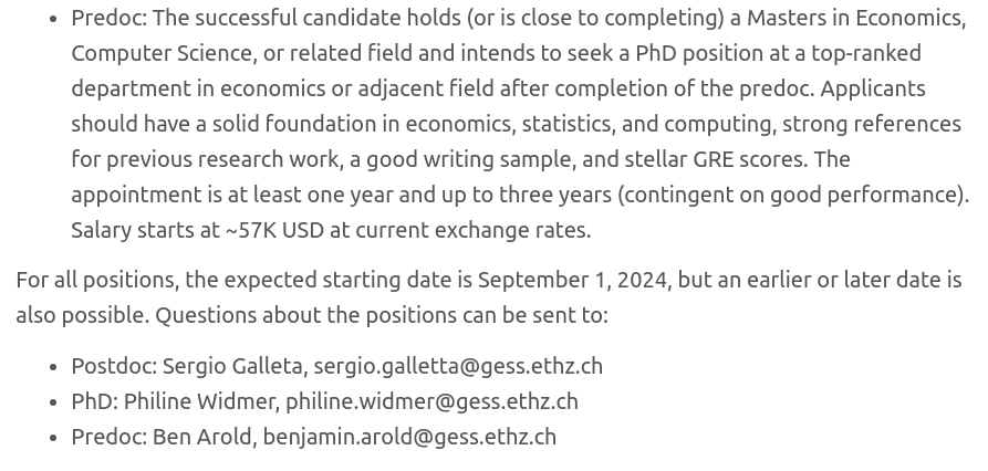 Now hiring: Predoc positions in AI+Economics at @ETH_en Zurich -- work on exciting projects at this new intersection of fields. Submit an application here by Nov 22nd: econjobmarket.org/positions/9714 Also reviewing applications for PhD students and postdocs. @econ_ra
