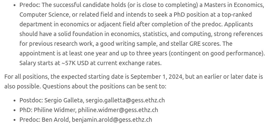 Now hiring: Predoc positions in AI+Economics at <a href="/ETH_en/">ETH Zurich</a> Zurich -- work on exciting projects at this new intersection of fields.

Submit an application here by Nov 22nd:
econjobmarket.org/positions/9714

Also reviewing applications for PhD students and postdocs.

<a href="/econ_ra/">Econ RA Listings</a>