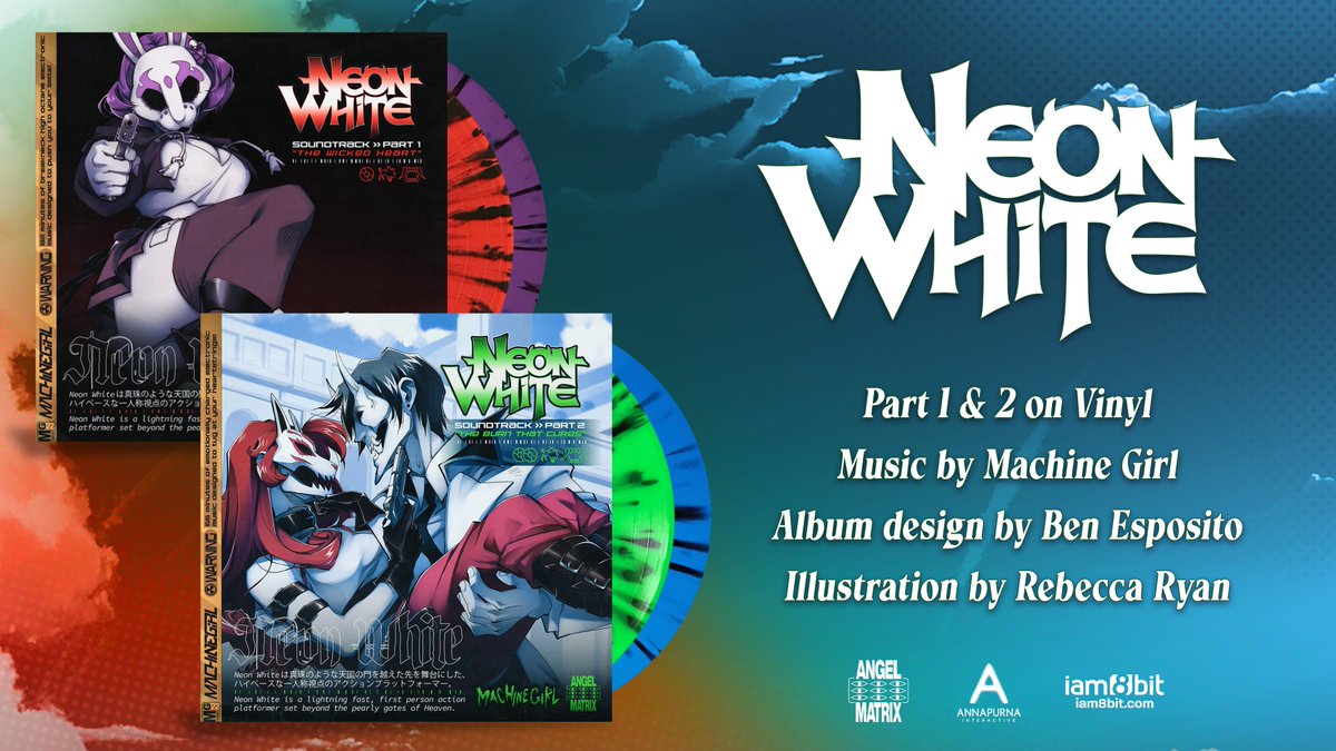 NEW: Aim for the heavens with Part 1 + Part 2 of the @PlayNeonWhite Vinyl Soundtrack! 😈🔥 Synthy strains, big beats, and more: They're all here on wax, courtesy of @machin3gir1 across 2 heavenly volumes. Preorders are LIVE tomorrow, October 4th at 9 AM PT🔥