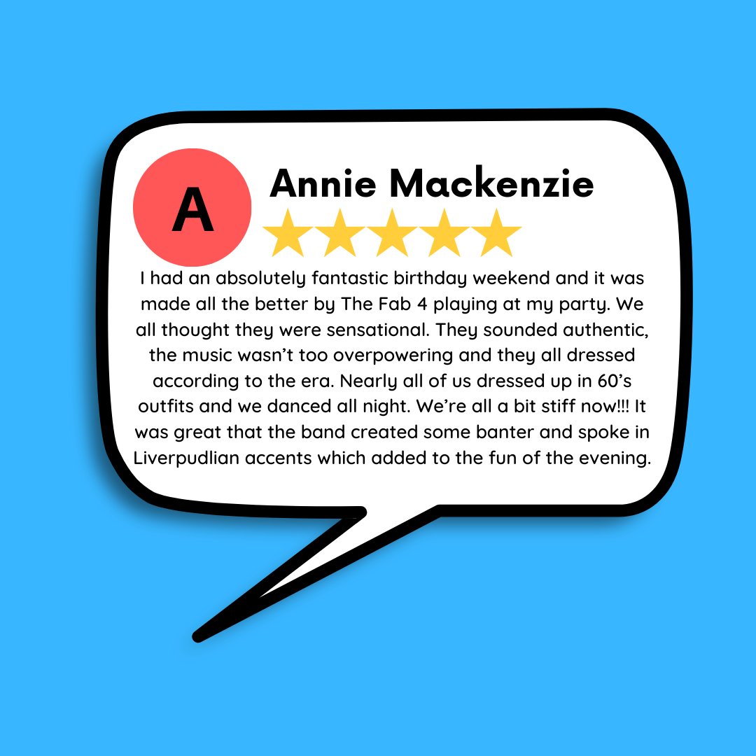 #TestimonialThursday We received another lovely testimonial for our Beatles tribute act, The Fab 4, after they performed for Annie's Birthday party in Nottingham last weekend! 📷

Check out The Fab 4 here: bit.ly/46frl7p