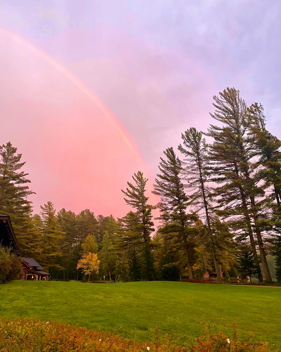 Lake Kora sits magically at the end of the rainbow during a beautiful Adirondack October sunset. #adirondacks #privatevilla #fallsunset #upstateny #newyork #iloveny #luxurylifestyle #luxurytravel #autumn #privatelake #bespoketravel #multigenerationaltravel #familytravel #travel