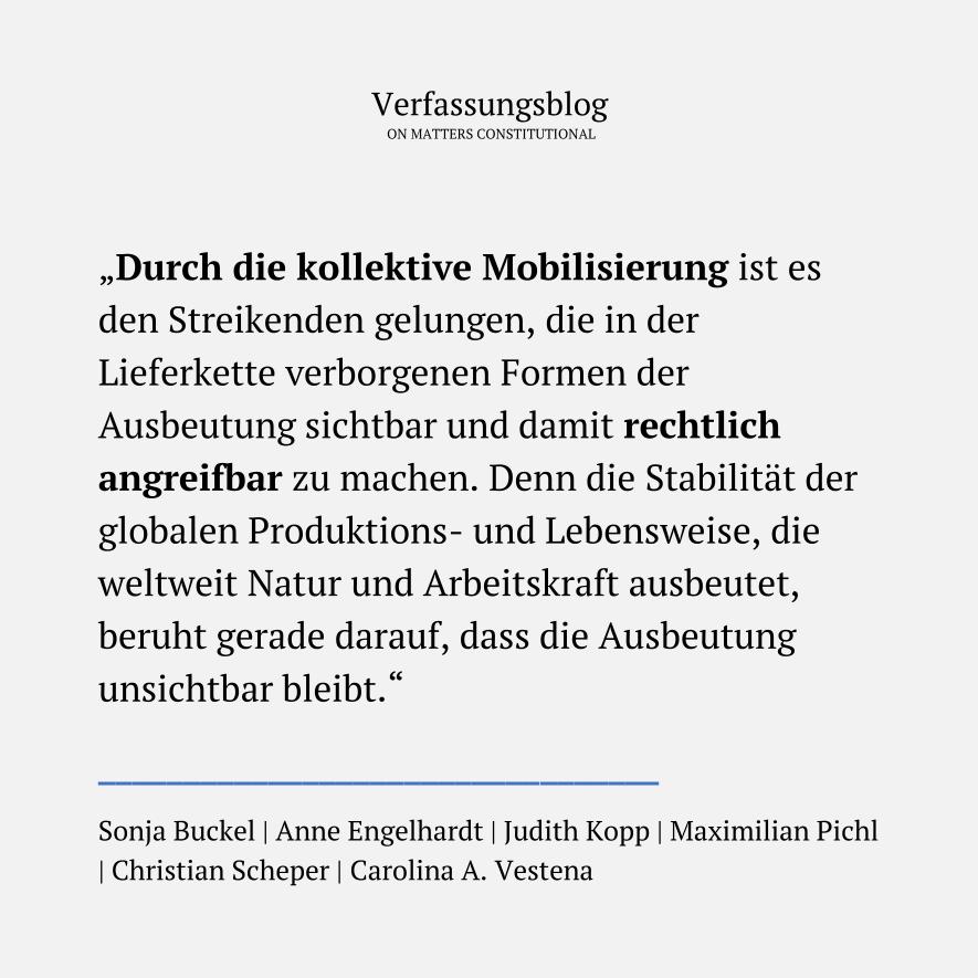 Vor wenigen Tagen endete ein spektakulärer Streik von LKW-Fahrer:innen in Gräfenhausen.

Sonja Buckel, Anne Engelhardt, Judith Kopp, Maximilian Pichl, Christian Scheper &amp; Carolina A. Vestena über den Streik als Rechtskampf um das neue Lieferkettengesetz.

verfassungsblog.de/powered-by-the…