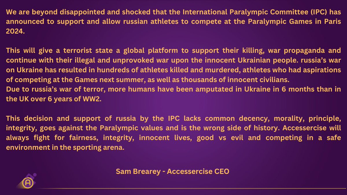 Accessercise (@accessercise) on Twitter photo Our statement following <a href="/Paralympics/">Paralympic Games</a> announcement of allowing Russia and Belarus para athletes to compete <a href="/Paris2024/">Paris 2024</a> Our statement following <a href="/Paralympics/">Paralympic Games</a> announcement of allowing Russia and Belarus para athletes to compete <a href="/Paris2024/">Paris 2024</a>