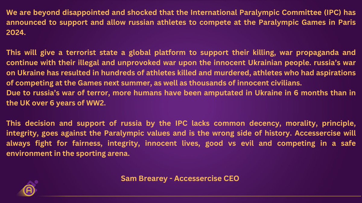 Our statement following @Paralympics announcement of allowing Russia and Belarus para athletes to compete @Paris2024