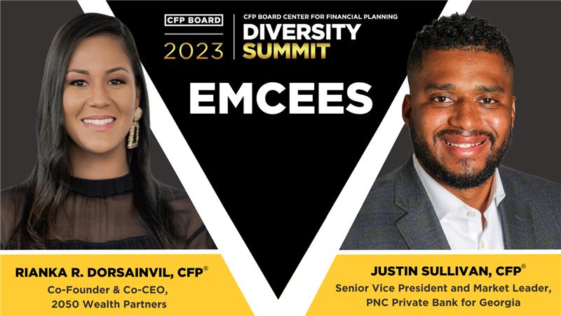 🎤 Meet the dynamic emcee duo for the 2023 Diversity Summit! Join us in welcoming <a href="/Rianka_D/">Rianka R. Dorsainvil, CFP®</a>, CFP® from @2050WPs and Justin Sullivan, CFP® from <a href="/PNCBank/">PNC Bank</a> as our emcees for the event on Nov. 9. Secure your spot today: bit.ly/46stZXO #CFPproDiversity
