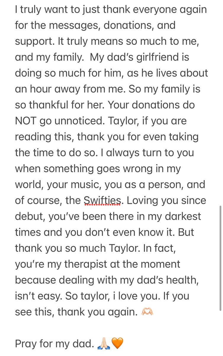 Dear, @taylorswift13 & @taylornation13 Swifties, i’m so thankful for all of you who have donated for my dad. I truly love all of you.🫂 Please repost to help spread this!🫶🏻 There is a gofundme link in my bio, as well as under this tweet. #CancerAwareness