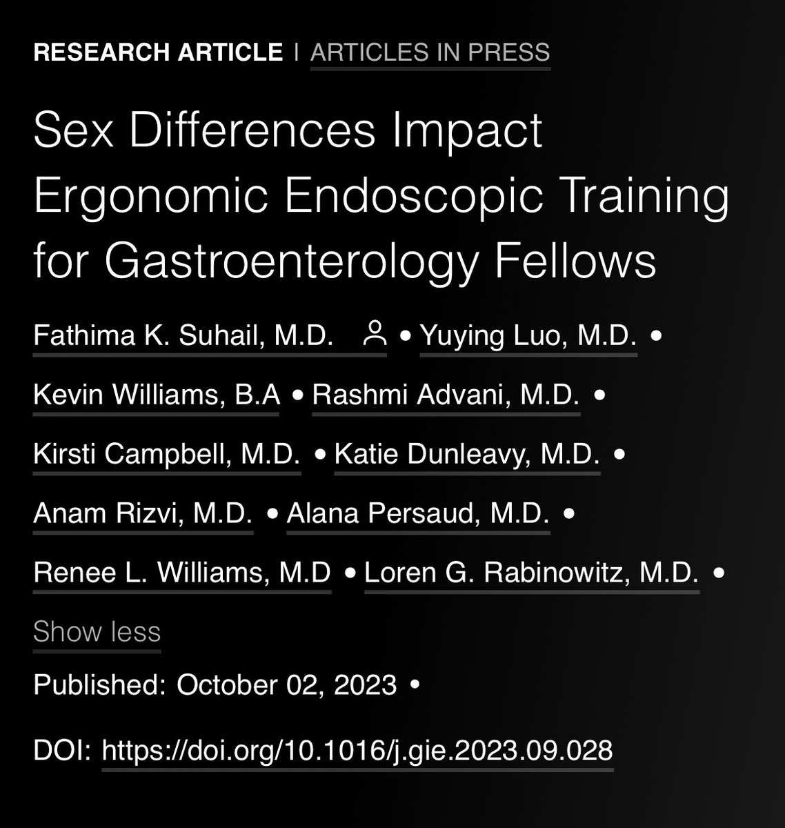 👀 at our 📖, excellently executed by @keshia_suhail & team 👉🏽🚺 fellows had ⬆️ shoulder & neck pain 👉🏽🚺 fellows had ⬆️ preference for same gender teachers, dial-extenders, and better-fitted lead wear 👉🏽🚹🚺 had poor 🧠 💭 about ergonomics Link: giejournal.org/article/S0016-…