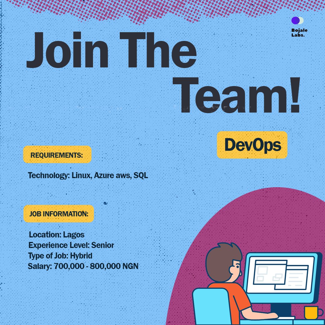 Bojalelabs's tweet photo. •Hiring: DevOps

•Location: Lagos (Hybrid) 

•Experience: Senior

•Technology: Linux, Azure aws, SQL

•Salary: 700,000 - 800,000 NGN

Apply here👇:   
https://t.co/73dSejKu03 https://t.co/0rAQh4yX6q