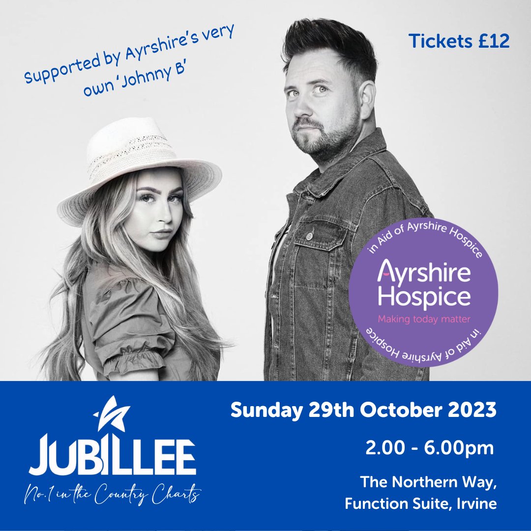 AyrshireHospice's tweet photo. Irvine Friends of the Hospice group are delighted to welcome the return of country music chart toppers Jubillee!🤠🪕Grab your tickets for this toe taping, hip swinging, show before it's sold out!

Tickets available at the venue or call Graeme on 07359 099350.

#makingtodaymatter https://t.co/9EgGka5a77
