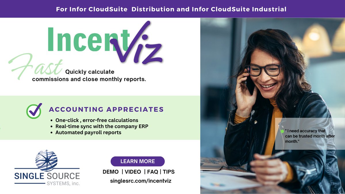 singlesrc's tweet photo. Is calculating commissions due every month an accounting hassle? There’s a smarter #commissionmanagementsolution available for #InforCloudSuiteIndustrial and #InforCloudSuiteDistribution users. Check out #IncentViz from Infor channel partner, Single Source Systems. https://t.co/nyMpJnsqG3