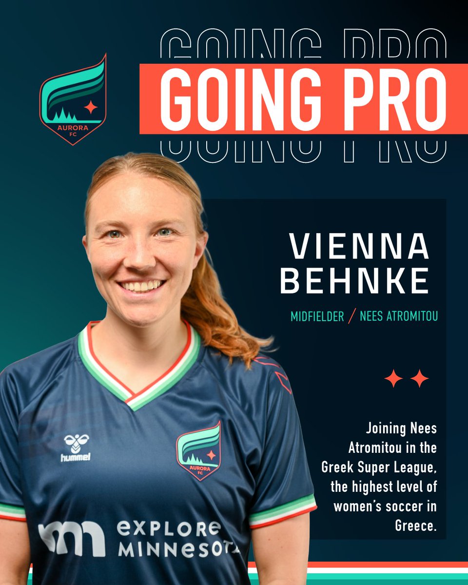 MNAuroraFC's tweet photo. 🚨 GOING PRO...again! Vienna Behnke has signed with Nees Atromitou in the Greek Super League, the highest level of women’s soccer in Greece.
📰: https://t.co/ORi2DXZPzR https://t.co/QPI901cm1F