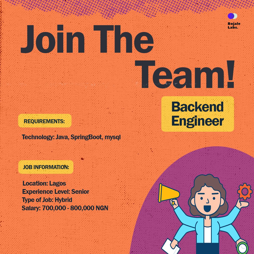 Bojalelabs's tweet photo. •Hiring: Backend Engineer

•Location: Lagos (Hybrid)

•Experience: Senior

•Technology: Java, SpringBoot, MySQL

•Salary: 700,000 - 800,000 NGN

Apply here👇:
https://t.co/1388pDHisj https://t.co/2z9l9fRUnB