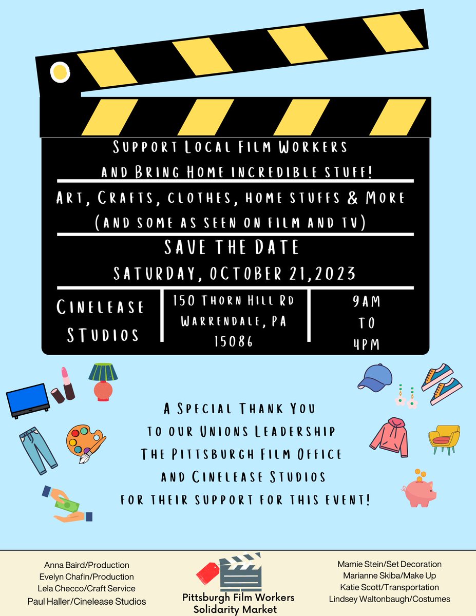 Pittsburgh Film Office (@pghfilmoffice) on Twitter photo Saturday, October 21st, come and support your local film workers! Local film crew members from the Pittsburgh region will be selling arts, crafts, resale items, and movie memorabilia.
Questions? Reach out to pghfilmworkersmarket@gmail.com!
#pghfilm #solidarity #filmworkers Saturday, October 21st, come and support your local film workers! Local film crew members from the Pittsburgh region will be selling arts, crafts, resale items, and movie memorabilia.
Questions? Reach out to pghfilmworkersmarket@gmail.com!
#pghfilm #solidarity #filmworkers