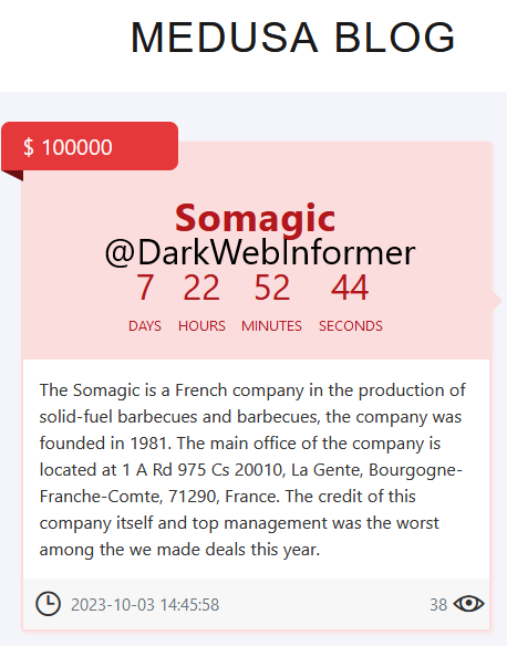 DarkWebInformer's tweet photo. Threat Actor: Medusa
Ransomware Victim: Somagic
Date: 2023-10-03
Note: Allegedly, #Medusa has named #Somagic as a victim. #Ransomware #StopRansomware #DarkWeb #DarkWebInformer https://t.co/LGwuQQTuxs
