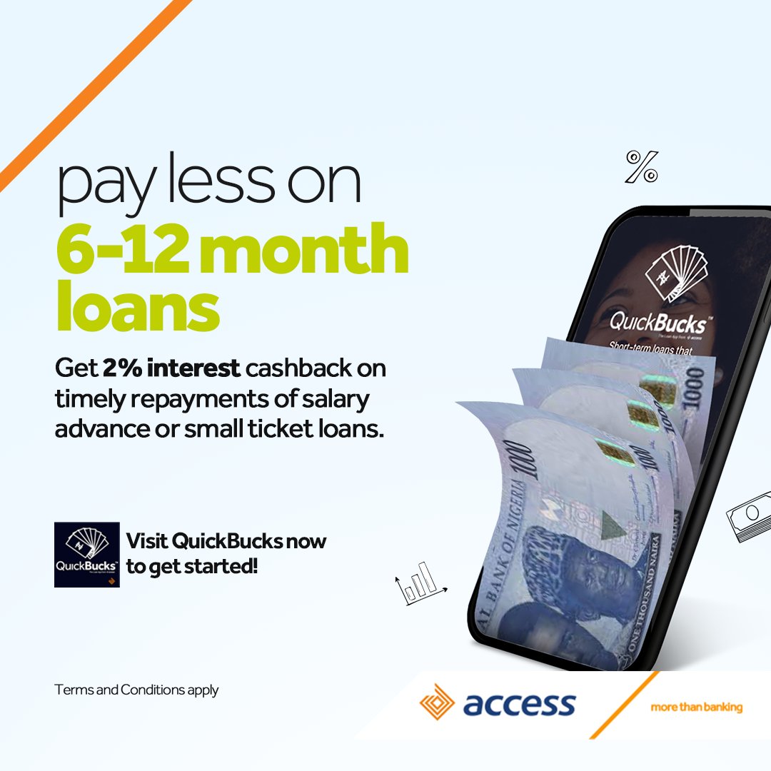 access_more's tweet photo. Take advantage of our amazing offer and earn 2% cashback when you choose a 6 or 12-month loan and repay it on time!
Don't miss out on this opportunity, click https://t.co/o3i3gLH94M to get started
#Quickbucks
#Cashbacks https://t.co/TV4DrVkdRL