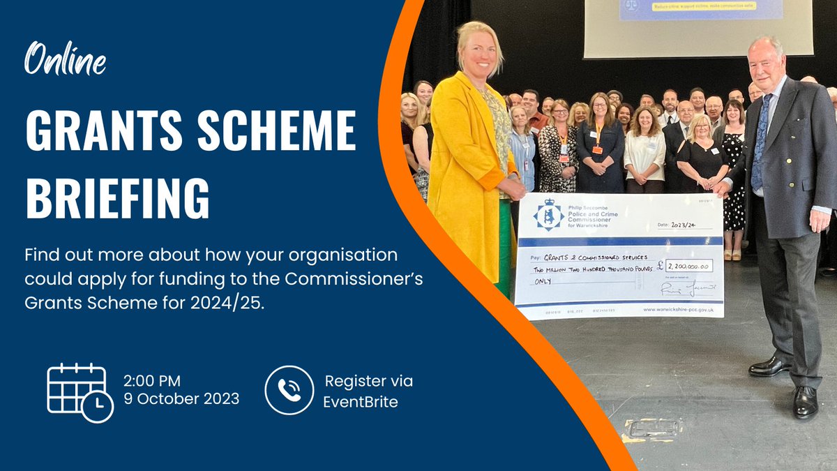 Join us for an online briefing at 2pm on Monday 9 October on the #funding opportunities available from the Commissioner's Grants Scheme in 2024/25.

If you've got a community safety or road safety project in #Warwickshire that could benefit, register at: eventbrite.co.uk/e/commissioner…