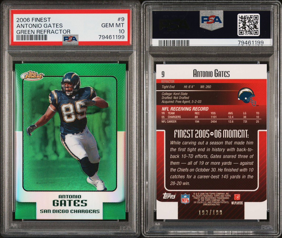 StrongCards's tweet image. Probably my favorite card from my latest PSA return. Been having some good luck grading 2000s Topps sets. This green refractor from 2006 finest is a PSA 10 pop 1!