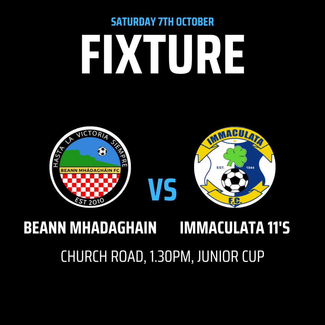 FIXTURE - SATURDAY 07 OCTOBER ⚽️ Our only game of the weekend sees our 2nd team travel to Church Road, Newtonabbey, for a Junior Cup fixture against Beann Mhadaghain. Kick off is 1.30pm. #GOTM 💙