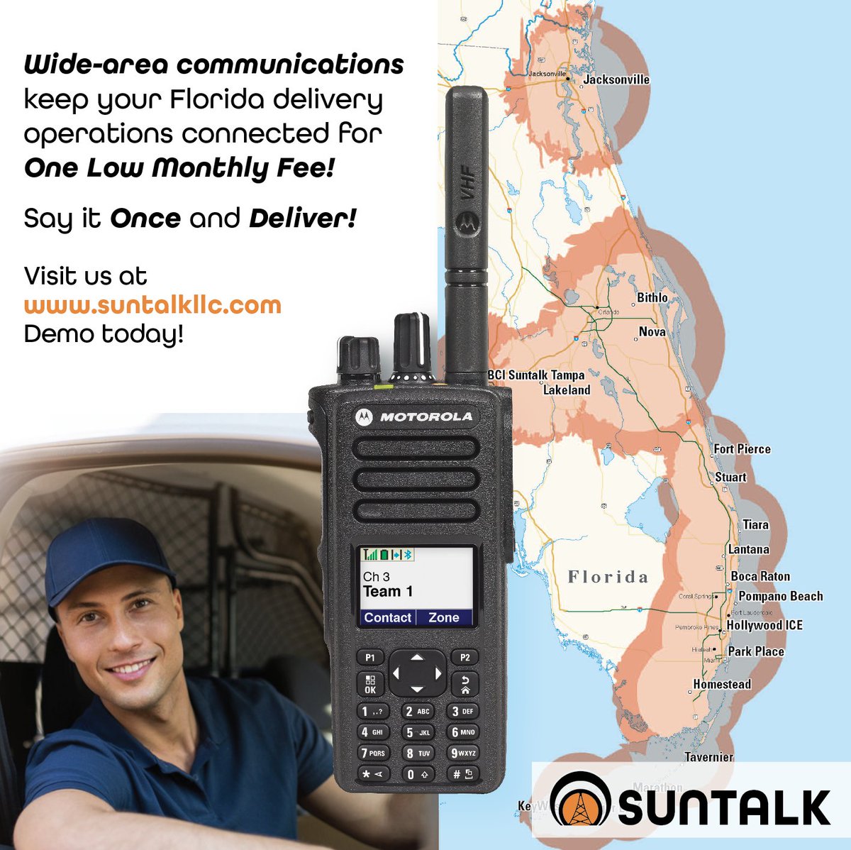 SuntalkLLC's tweet image. Your team can be heard in loud or noisy environments, and with all-digital onsite or #wideaareacoverage from #SunTalkllc, your team is always connected.

Schedule your FREE DEMO with SunTalk today! #deliveryoperations #florida #communications
