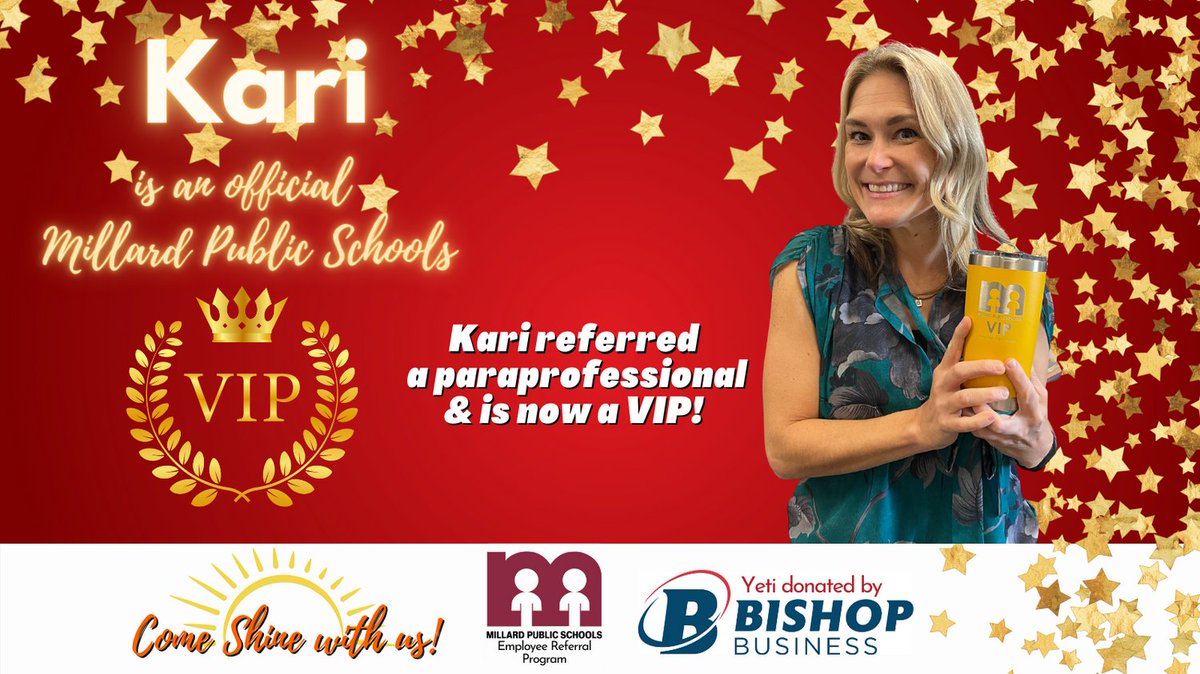Congratulations, Kari! She is an official Millard Public Schools VIP! Kari was presented with a Yeti Tumbler donated by Bishop Business for referring a paraprofessional to Millard Public Schools! #SHINEwithMPS #Proud2bMPS #EmployeeReferrals bbec.com