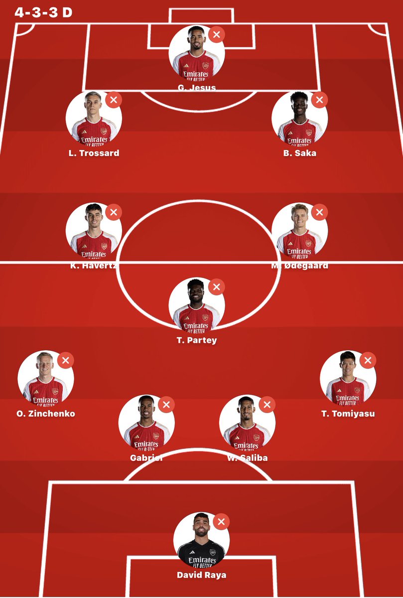 Afc_obie's tweet photo. π΄βͺ Here's my lineup for tonight's clash against Lens, with Trossard and Partey back from injury! Let's use this game to get ready to face Man City next! πͺβ½ #Arsenal #UCL #LineupPredictions https://t.co/ZtctCer65v