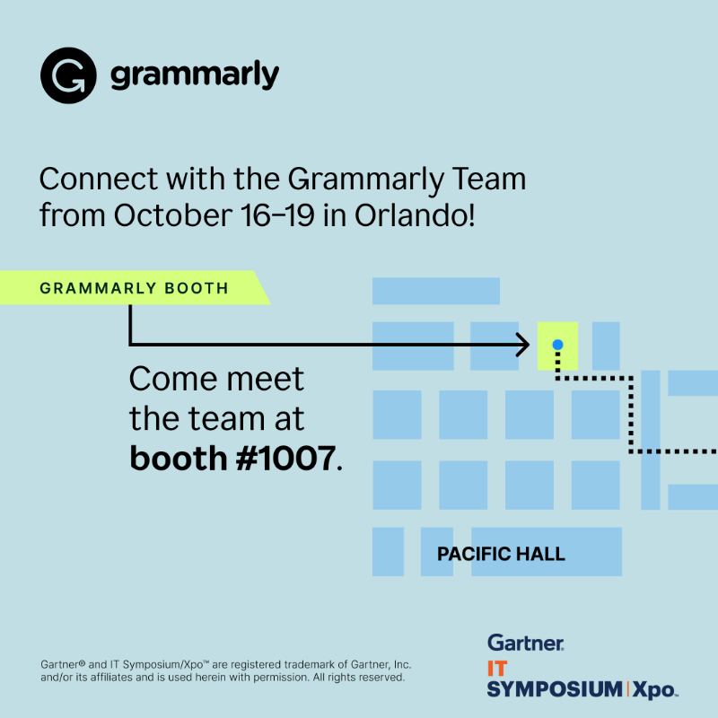 Superhuman's tweet photo. We’re making our Gartner® IT Symposium/Xpo™ debut!

Grammarly’s generative AI solutions can save your organization up to a day a week in wasted time—and our team is eager to show you how. 🙌

Click below to find ways to connect with us. 👇 #GartnerSYM