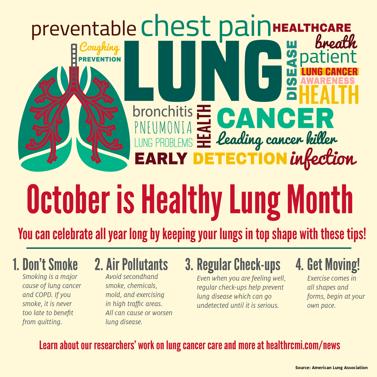 HEALTHrcmi's tweet photo. October is Healthy Lung Month 🫁

You can celebrate all year long by keeping your lungs in top shape with these tips!

🚭 Don’t Smoke
⛔ Avoid Polluted Areas
✅ Regular Check-ups  
👟 Get Moving

📖Learn about our researchers’ work on lung cancer care here:https://t.co/RRvTcafAJe https://t.co/MZ6XHP83VD