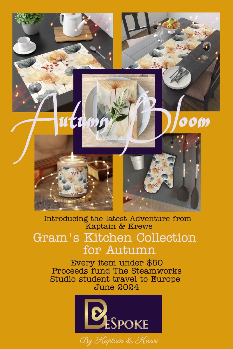 Gram's Kitchen Collection is the first available in our BeSpoke line at buff.ly/3F4AQdm Inspired by my Mom's holiday decor for family dinners, August Bloom is an elegant bright print for fall. Aprons, oven mitts, table setting...Proceeds benefit student travel to France.