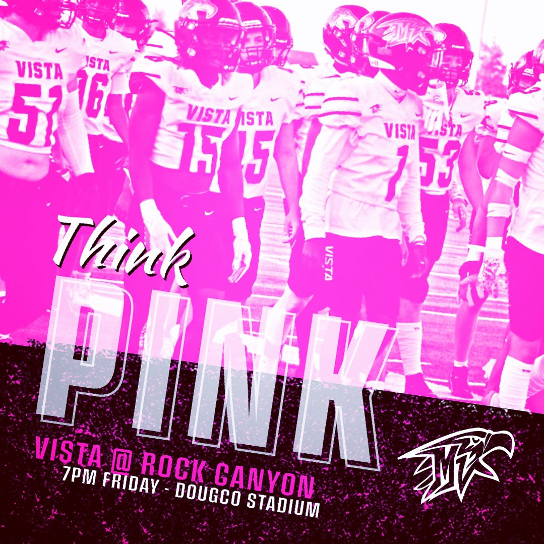 🏈🦅🩷 October is Breast Cancer Awareness Month so let’s PINK OUT on Friday, 7pm at DougCo Stadium to take on Rock Canyon! 👉 Tickets available at GoFan #ALLIN #GOVISTA #vistafootball23 #goldeneagles #vistanation @vista_now @mvistaathletics @mvhs_gridiron @mvunit @mvupdates