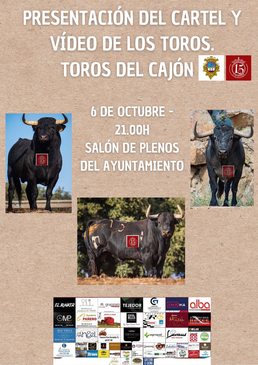 El próximo viernes 6 de octubre a las 21.00 horas, se llevará a cabo la presentación de los toros que saldrán por las calles De la Villa el próximo día 14 de octubre a las 17:00.

Lugar: Salón de plenos del ayuntamiento.